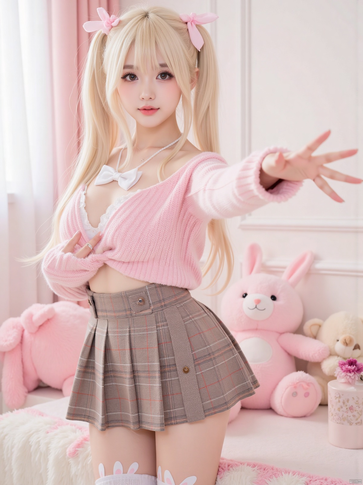 Realistic photo, 1girl, double ponytails, fair skin, big breasts, cute off-shoulder sweater, bow, plaid skirt, bunny-decorated stockings, upper body, cute bedroom, pink stuffed toy, curtains, (one hand stretching out long), making a domineering gesture,