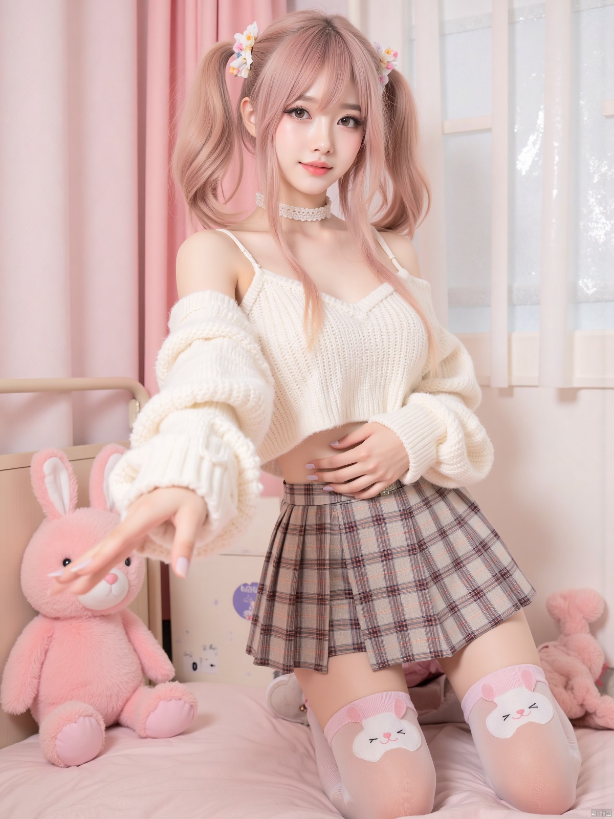 Realistic photo, 1girl, double ponytails, fair skin, big breasts, cute off-shoulder sweater, bow, plaid skirt, bunny-decorated stockings, upper body, cute bedroom, pink stuffed toy, curtains, (one hand stretching out long), making a domineering gesture,