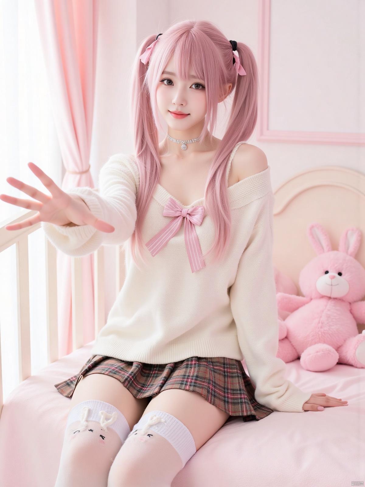 Realistic photo, 1girl, double ponytails, fair skin, big breasts, cute off-shoulder sweater, bow, plaid skirt, bunny-decorated stockings, upper body, cute bedroom, pink stuffed toy, curtains, (one hand stretching out long), making a domineering gesture,