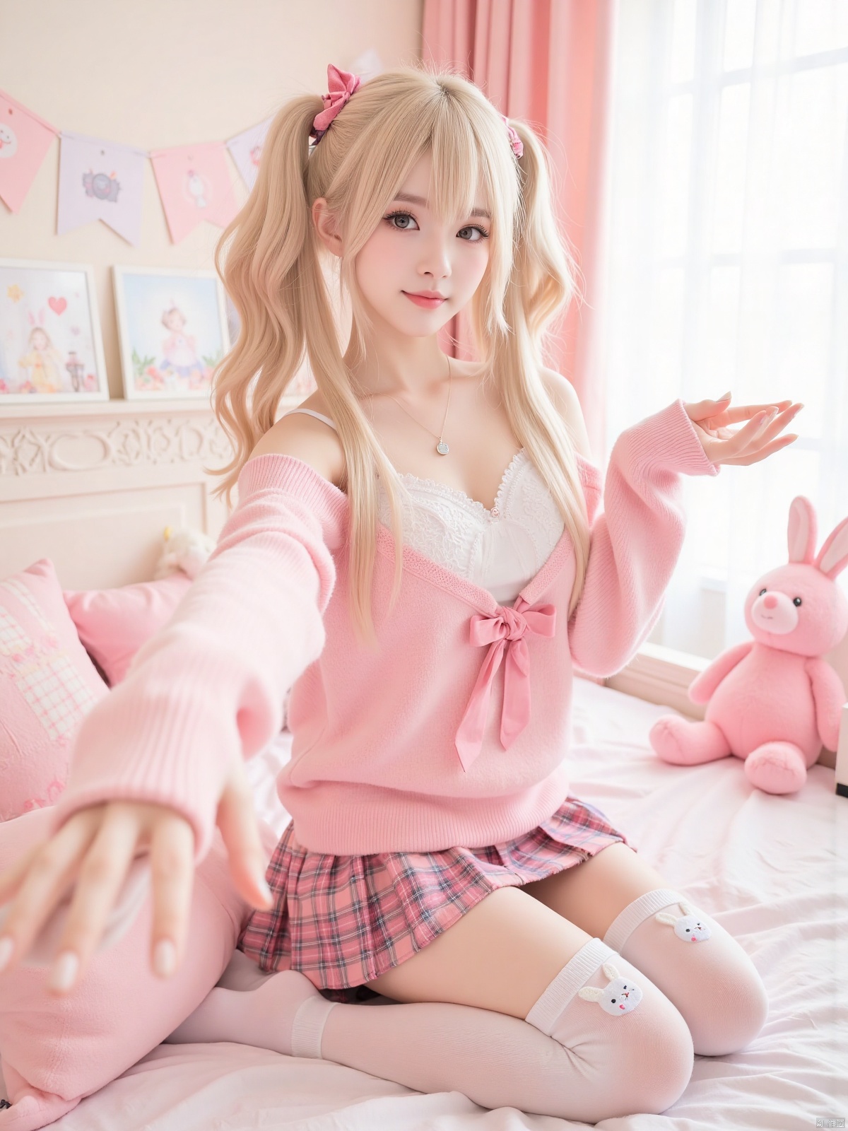 Realistic photo, 1girl, double ponytails, fair skin, big breasts, cute off-shoulder sweater, bow, plaid skirt, bunny-decorated stockings, upper body, cute bedroom, pink stuffed toy, curtains, (one hand stretching out long), making a domineering gesture,