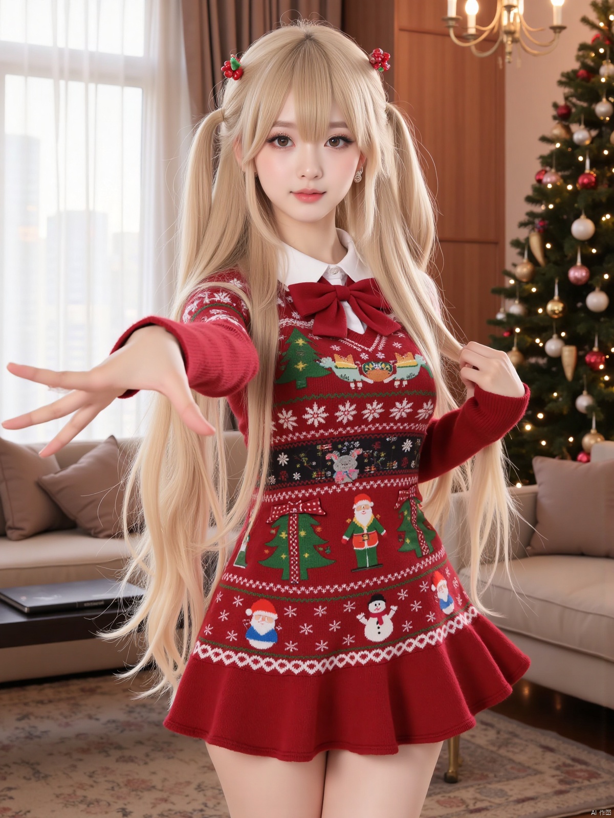 Realistic photo, 1girl, long hair, fair skin, big breasts, Christmas sweater dress, bow tie, (one hand stretching out long), making a domineering gesture, upper body, luxury living room, Christmas tree, Christmas,