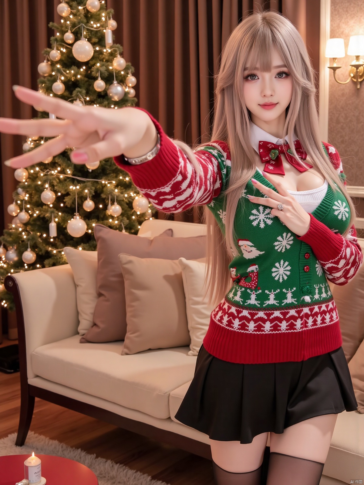 Realistic photo, 1girl, long hair, fair skin, big breasts, Christmas sweater, bow tie, (one hand stretching out long), making a domineering gesture, upper body, luxury living room, Christmas tree, Christmas,