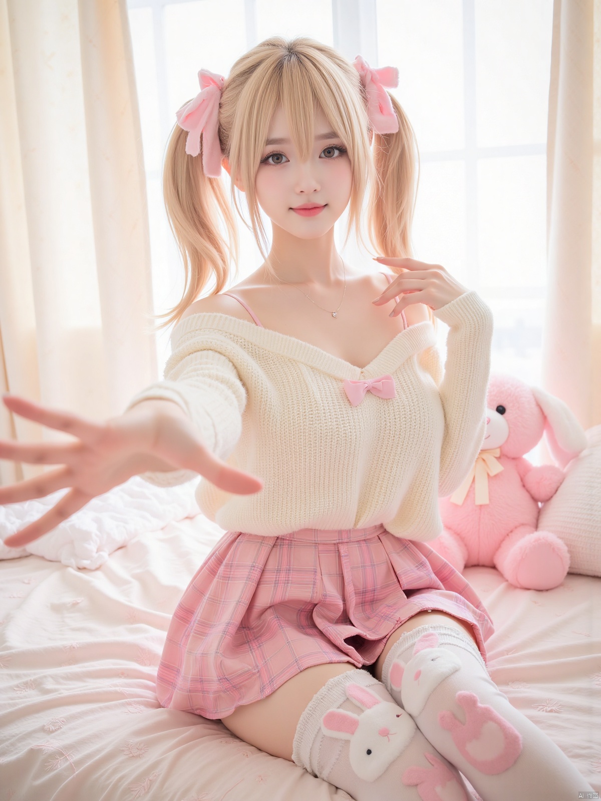 Realistic photo, 1girl, double ponytails, fair skin, big breasts, cute off-shoulder sweater, bow, plaid skirt, bunny-decorated stockings, upper body, cute bedroom, pink stuffed toy, curtains, (one hand stretching out long), making a domineering gesture,