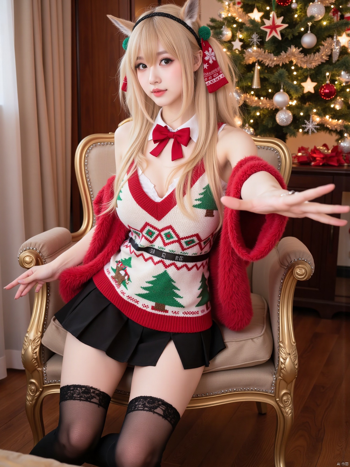Realistic photo, 1girl, long hair, fair skin, big breasts, Christmas sweater dress, bow tie, (one hand stretching out long), making a domineering gesture, upper body, luxury living room, Christmas tree, Christmas,