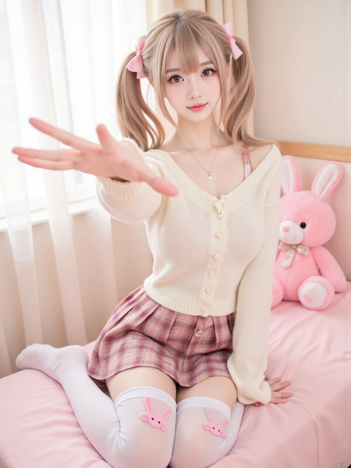 Realistic photo, 1girl, double ponytails, fair skin, big breasts, cute off-shoulder sweater, bow, plaid skirt, bunny-decorated stockings, upper body, cute bedroom, pink stuffed toy, curtains, (one hand stretching out long), making a domineering gesture,