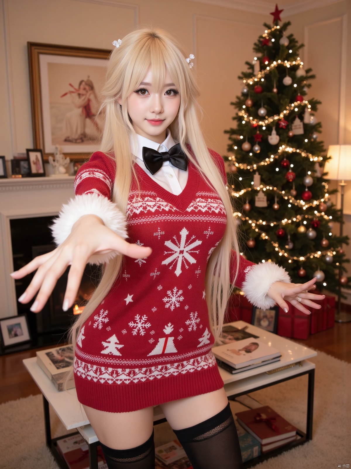 Realistic photo, 1girl, long hair, fair skin, big breasts, Christmas sweater dress, bow tie, (one hand stretching out long), making a domineering gesture, upper body, luxury living room, Christmas tree, Christmas,