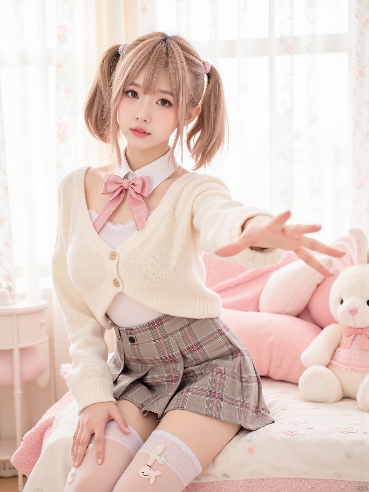 Realistic photo, 1girl, double ponytails, fair skin, big breasts, cute off-shoulder sweater, bow, plaid skirt, bunny-decorated stockings, upper body, cute bedroom, pink stuffed toy, curtains, (one hand stretching out long), making a domineering gesture,