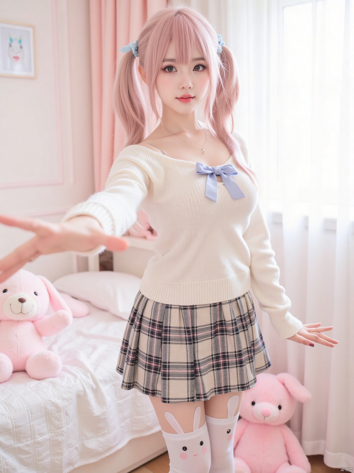 Realistic photo, 1girl, double ponytails, fair skin, big breasts, cute off-shoulder sweater, bow, plaid skirt, bunny-decorated stockings, upper body, cute bedroom, pink stuffed toy, curtains, (one hand stretching out long), making a domineering gesture,
