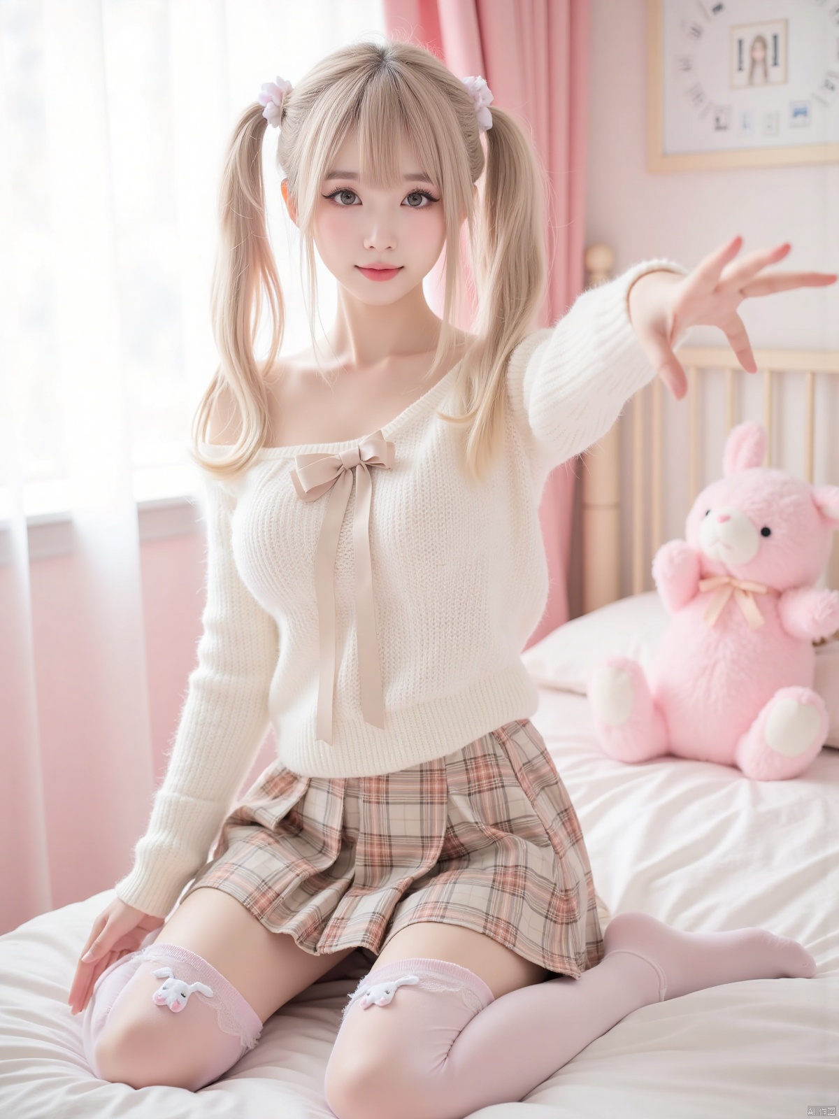 Realistic photo, 1girl, double ponytails, fair skin, big breasts, cute off-shoulder sweater, bow, plaid skirt, bunny-decorated stockings, upper body, cute bedroom, pink stuffed toy, curtains, (one hand stretching out long), making a domineering gesture,