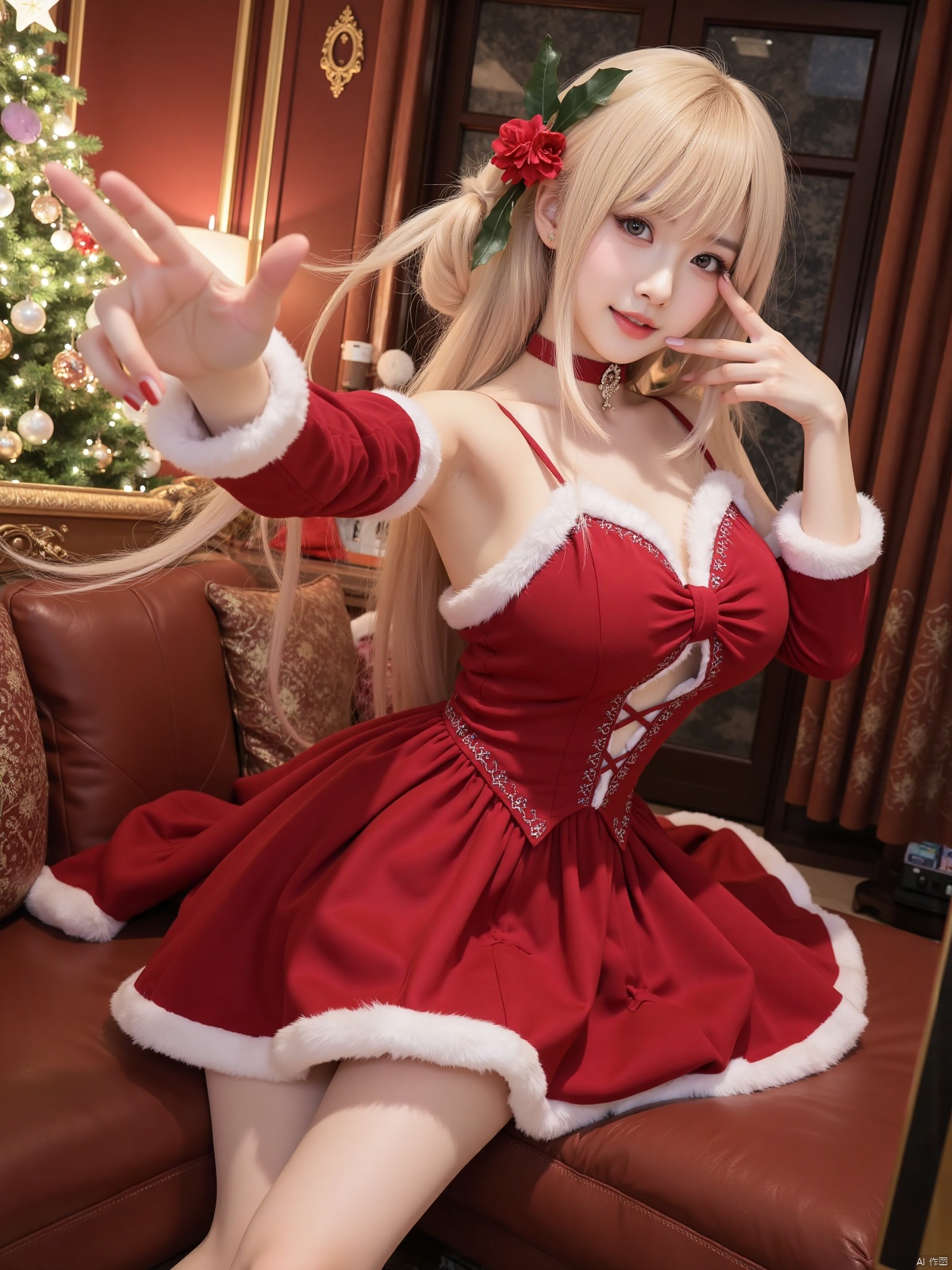 Realistic photo, 1girl, long hair, fair skin, big breasts, Christmas dress, (one hand stretching out long), making a domineering gesture, upper body, luxury living room, Christmas tree, Christmas,