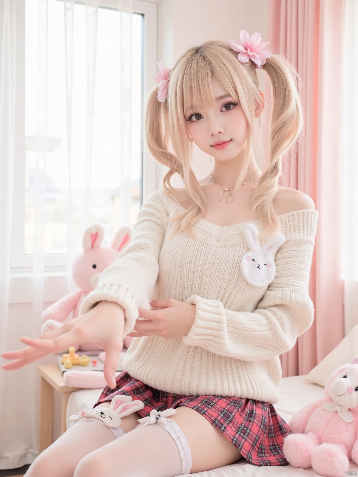 Realistic photo, 1girl, double ponytails, fair skin, big breasts, cute off-shoulder sweater, bow, plaid skirt, bunny-decorated stockings, upper body, cute bedroom, pink stuffed toy, curtains, (one hand stretching out long), making a domineering gesture,