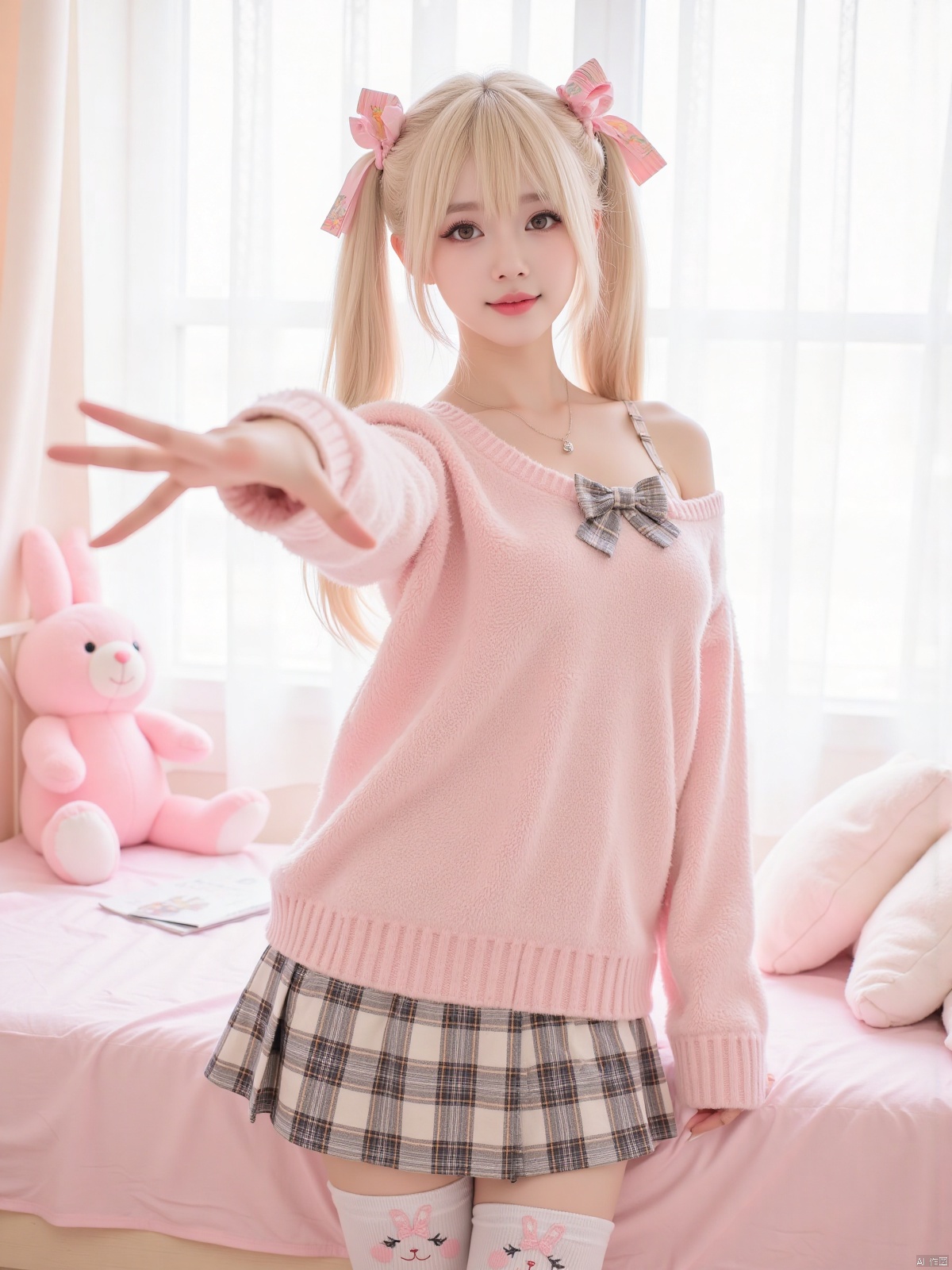 Realistic photo, 1girl, double ponytails, fair skin, big breasts, cute off-shoulder sweater, bow, plaid skirt, bunny-decorated stockings, upper body, cute bedroom, pink stuffed toy, curtains, (one hand stretching out long), making a domineering gesture,
