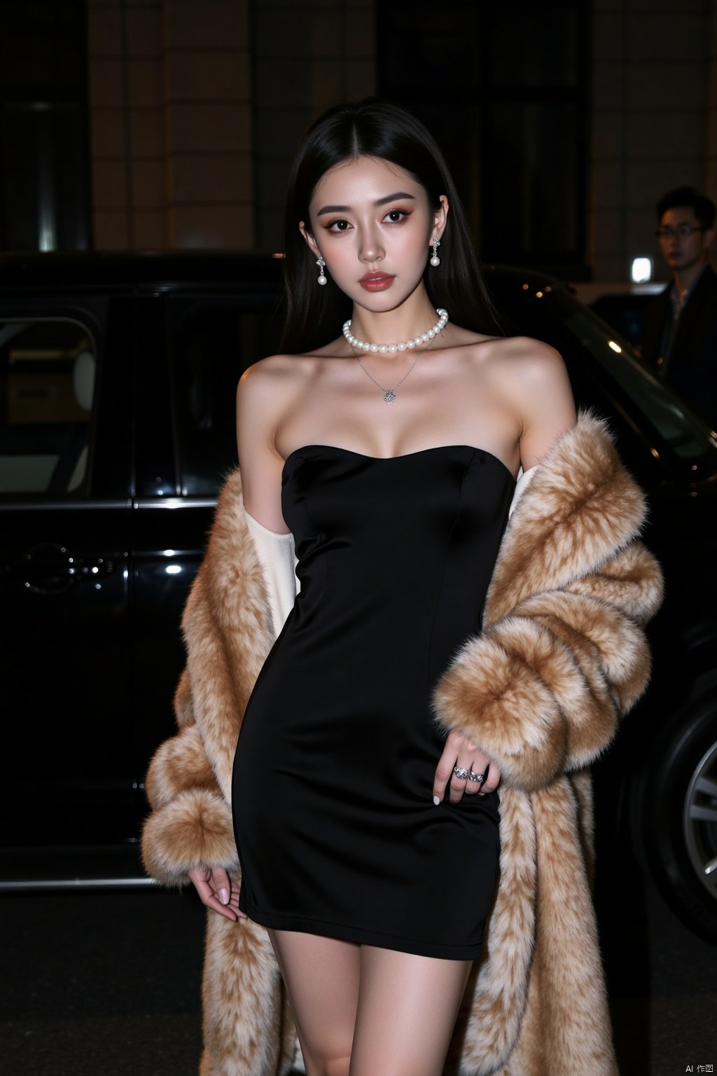 1girl, long hair, black hair, dress, holding, jewelry, standing, earrings, solo focus, necklace, black dress, coat, strapless, ring, ground vehicle, strapless dress, motor vehicle, realistic, car, pearl necklace, fur coat