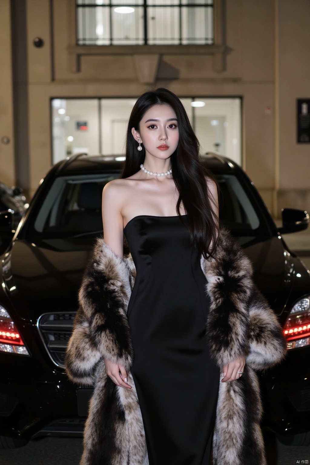 1girl, long hair, black hair, dress, holding, jewelry, standing, earrings, solo focus, necklace, black dress, coat, strapless, ring, ground vehicle, strapless dress, motor vehicle, realistic, car, pearl necklace, fur coat
