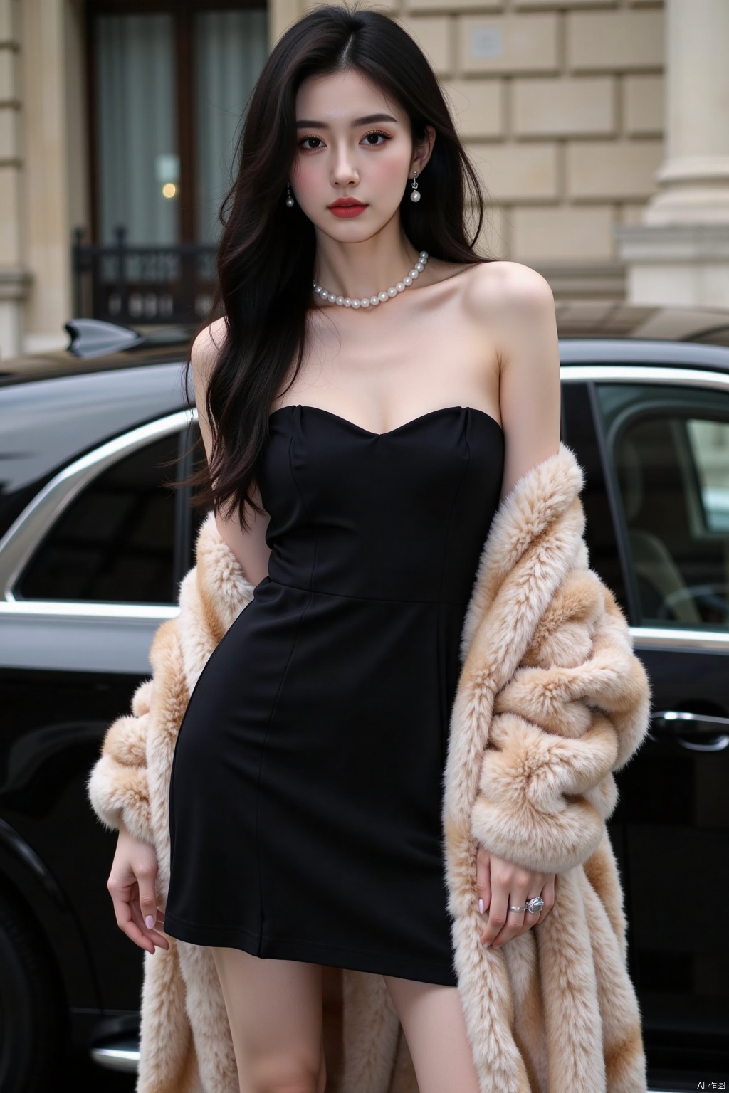 1girl, long hair, black hair, dress, holding, jewelry, standing, earrings, solo focus, necklace, black dress, coat, strapless, ring, ground vehicle, strapless dress, motor vehicle, realistic, car, pearl necklace, fur coat