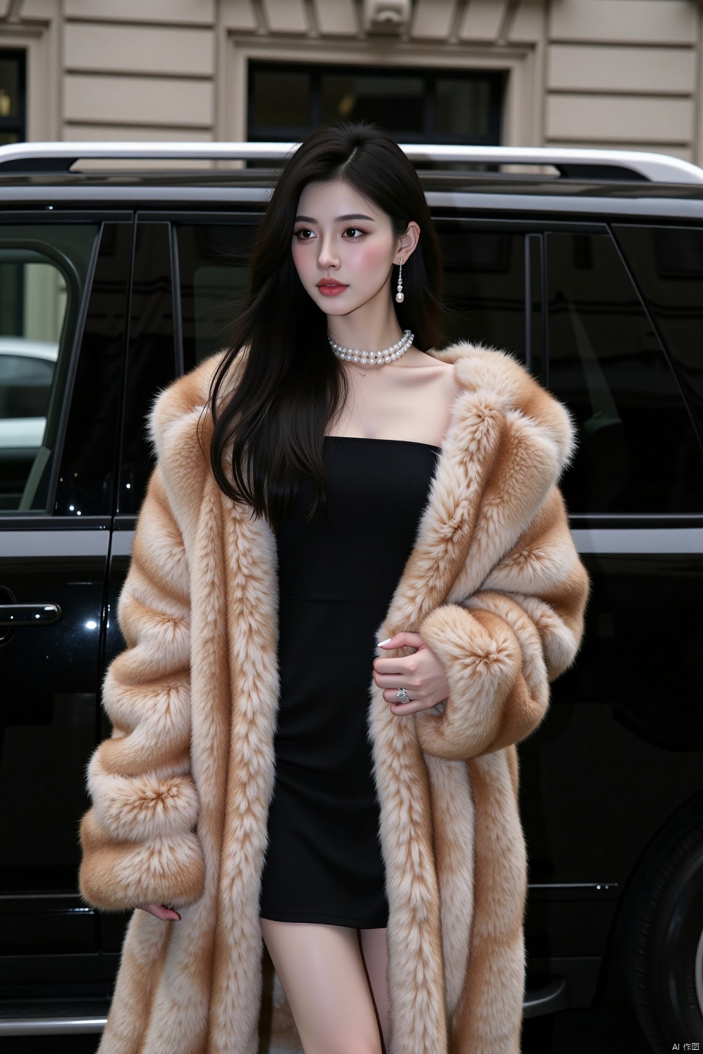 1girl, long hair, black hair, dress, holding, jewelry, standing, earrings, solo focus, necklace, black dress, coat, strapless, ring, ground vehicle, strapless dress, motor vehicle, realistic, car, pearl necklace, fur coat