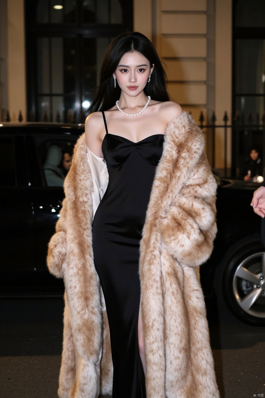 1girl, long hair, black hair, dress, holding, jewelry, standing, earrings, solo focus, necklace, black dress, coat, strapless, ring, ground vehicle, strapless dress, motor vehicle, realistic, car, pearl necklace, fur coat