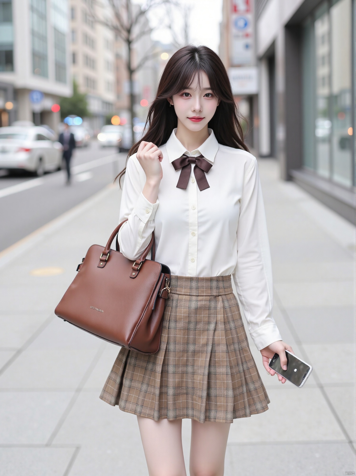 a model of an Asian girl is standing on a sidewalk, holding a cell phone in her right hand. She is dressed in a white button-down shirt, a brown plaid skirt, and a brown bow tie. Her brown purse is draped across her left shoulder, adding a pop of color to her outfit. The background is blurred, suggesting a cityscape.
