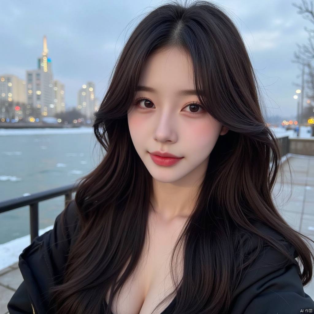 a asian woman, sexy long hair, charming and seductive temperament, distant close-up, golden ratio, movie texture, minimalism, high-end feeling, strong contrast between cold and warm, outdoor scenes,
