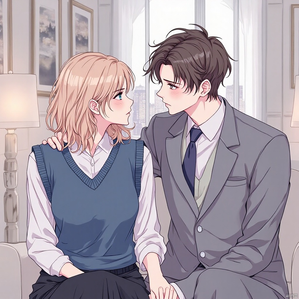 flux hanman,The image is an illustration of a young couple sitting on a couch in a living room. The man is on the right side of the image, wearing a grey suit and tie, and the woman is sitting on the left side. They are both looking at each other with a serious expression on their faces. The woman has shoulder-length blonde hair and is wearing a blue sweater vest over a white blouse. The background shows a large window with a view of a city skyline. There is a lamp on the floor next to the couch. The overall mood of the illustration is romantic and intimate.
