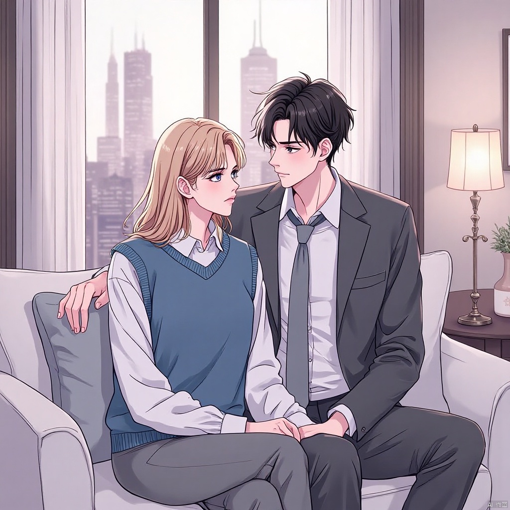 flux hanman,The image is an illustration of a young couple sitting on a couch in a living room. The man is on the right side of the image, wearing a grey suit and tie, and the woman is sitting on the left side. They are both looking at each other with a serious expression on their faces. The woman has shoulder-length blonde hair and is wearing a blue sweater vest over a white blouse. The background shows a large window with a view of a city skyline. There is a lamp on the floor next to the couch. The overall mood of the illustration is romantic and intimate.