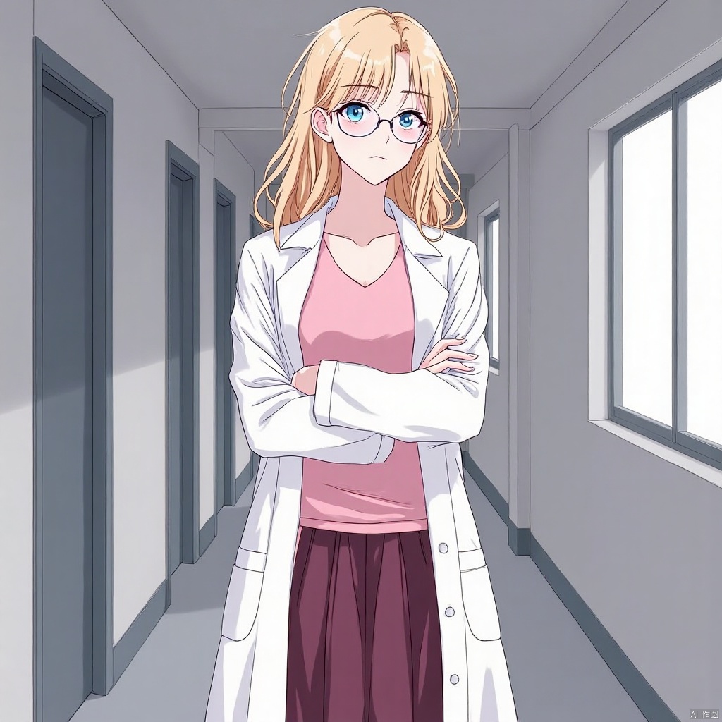 The image is an illustration of a young woman standing in a hallway with her arms crossed. She is wearing a white lab coat and a pink top with a maroon skirt. She has blonde hair and is wearing glasses. The background is a gray wall with a window on the right side. The woman appears to be deep in thought, with a serious expression on her face.
