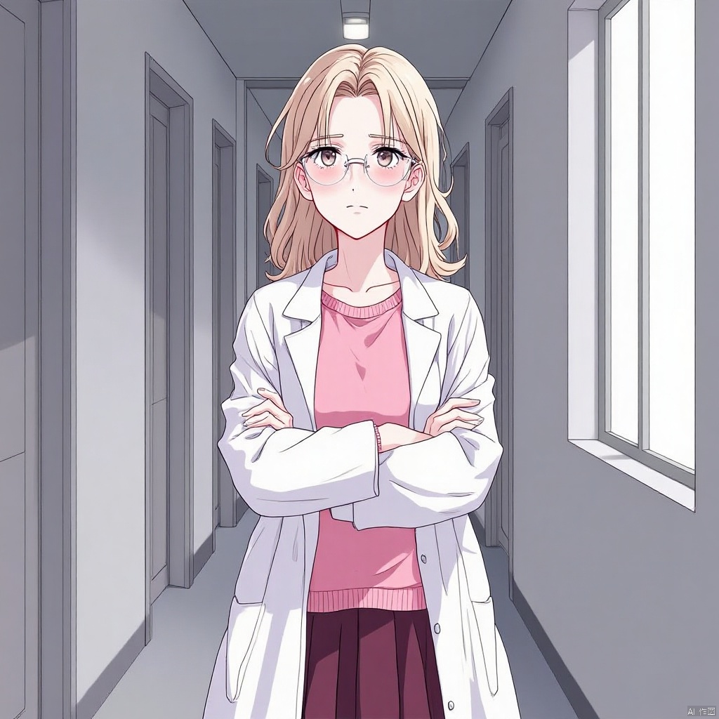 The image is an illustration of a young woman standing in a hallway with her arms crossed. She is wearing a white lab coat and a pink top with a maroon skirt. She has blonde hair and is wearing glasses. The background is a gray wall with a window on the right side. The woman appears to be deep in thought, with a serious expression on her face.