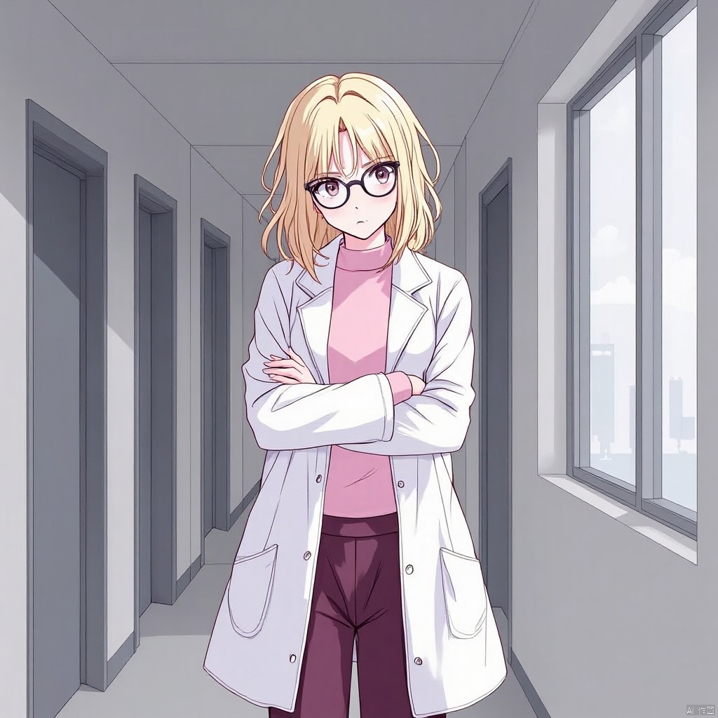 The image is an illustration of a young woman standing in a hallway with her arms crossed. She is wearing a white lab coat and a pink top with a maroon skirt. She has blonde hair and is wearing glasses. The background is a gray wall with a window on the right side. The woman appears to be deep in thought, with a serious expression on her face.