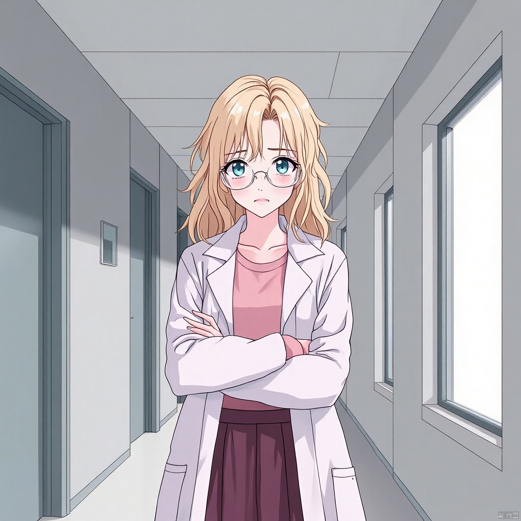 The image is an illustration of a young woman standing in a hallway with her arms crossed. She is wearing a white lab coat and a pink top with a maroon skirt. She has blonde hair and is wearing glasses. The background is a gray wall with a window on the right side. The woman appears to be deep in thought, with a serious expression on her face.