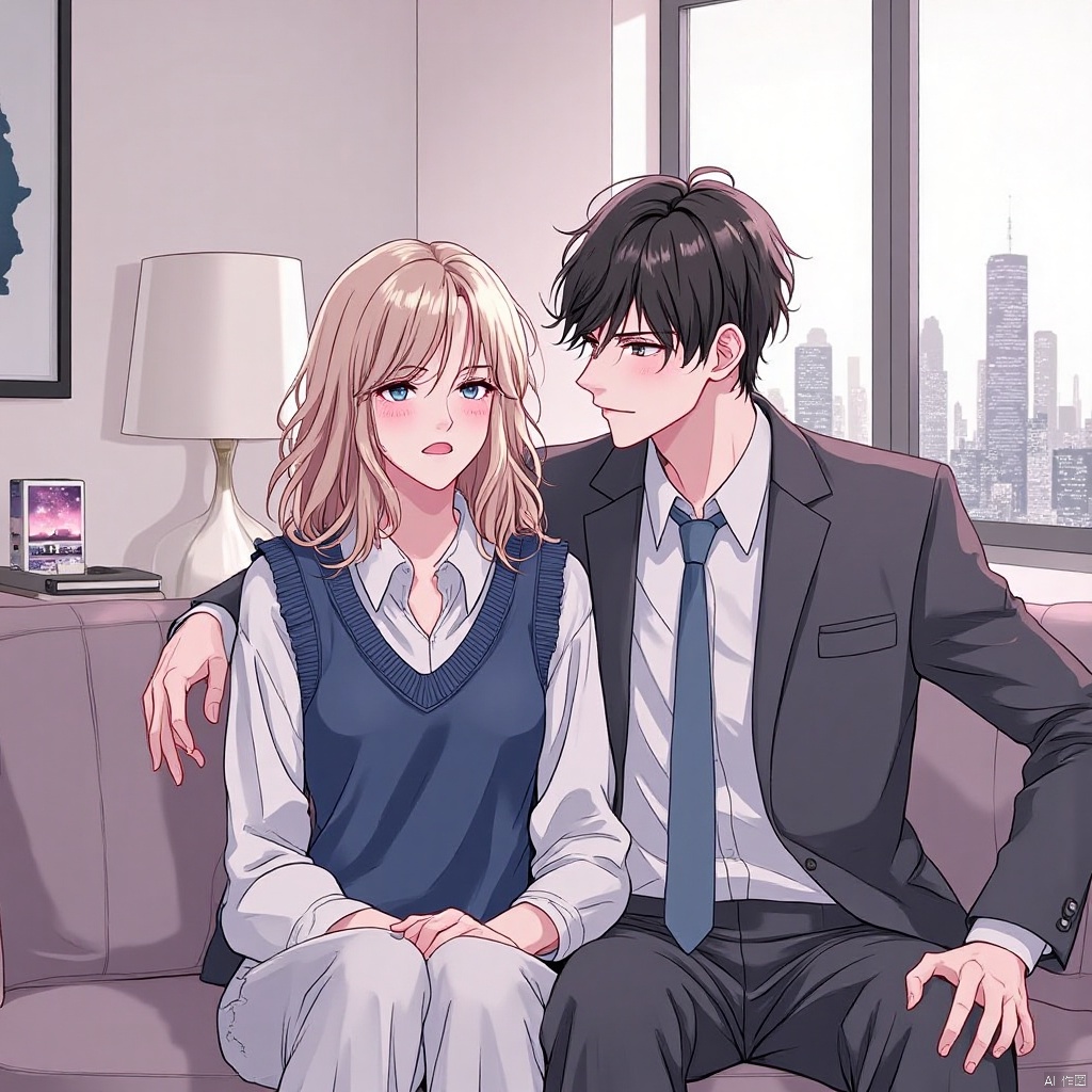 flux hanman,The image is an illustration of a young couple sitting on a couch in a living room. The man is on the right side of the image, wearing a grey suit and tie, and the woman is sitting on the left side. They are both looking at each other with a serious expression on their faces. The woman has shoulder-length blonde hair and is wearing a blue sweater vest over a white blouse. The background shows a large window with a view of a city skyline. There is a lamp on the floor next to the couch. The overall mood of the illustration is romantic and intimate.