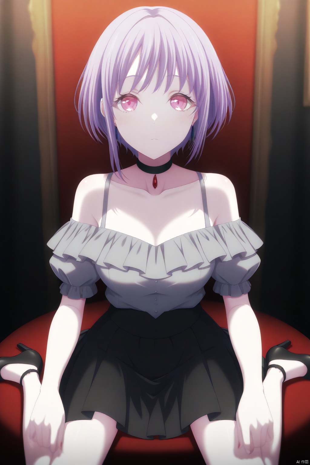 Yuutenji Nyamu,short hair,purple eyes,red eyes,bangs,purple hair,
skirt, shirt,bare shoulders,collarbone,short sleeves,frills,choker,black skirt,off shoulder,black footwear,high heels,black choker,grey shirt,off-shoulder shirt,frilled shirt