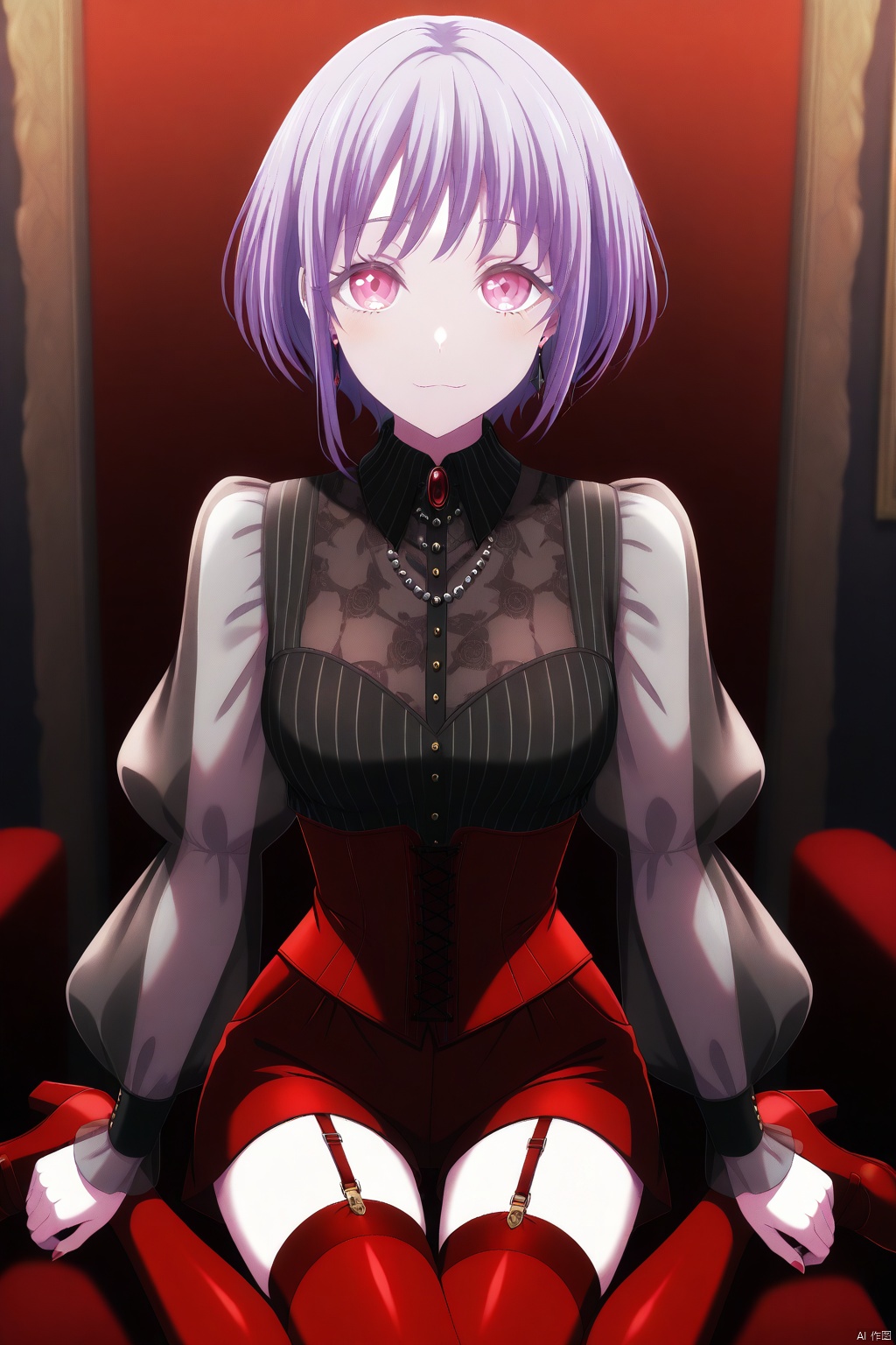 Yuutenji Nyamu,short hair,purple eyes,red eyes,bangs,purple hair,
red shorts,long sleeves,see-through sleeves,garter straps,red thighhighs,jewelry, corset, red footwear, puffy sleeves, black shirt, red nails, black earring