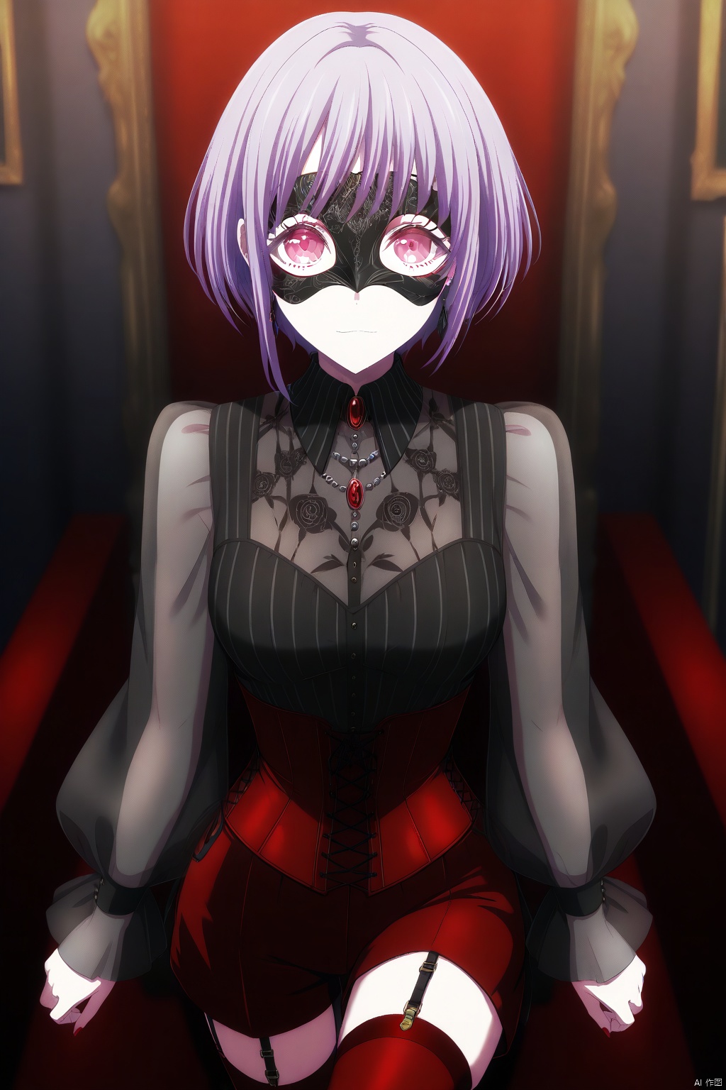 Yuutenji Nyamu,short hair,purple eyes,red eyes,bangs,purple hair,
red shorts,long sleeves,see-through sleeves,garter straps,red thighhighs,jewelry, corset, red footwear, puffy sleeves, black shirt, red nails, black earring
black_mask,