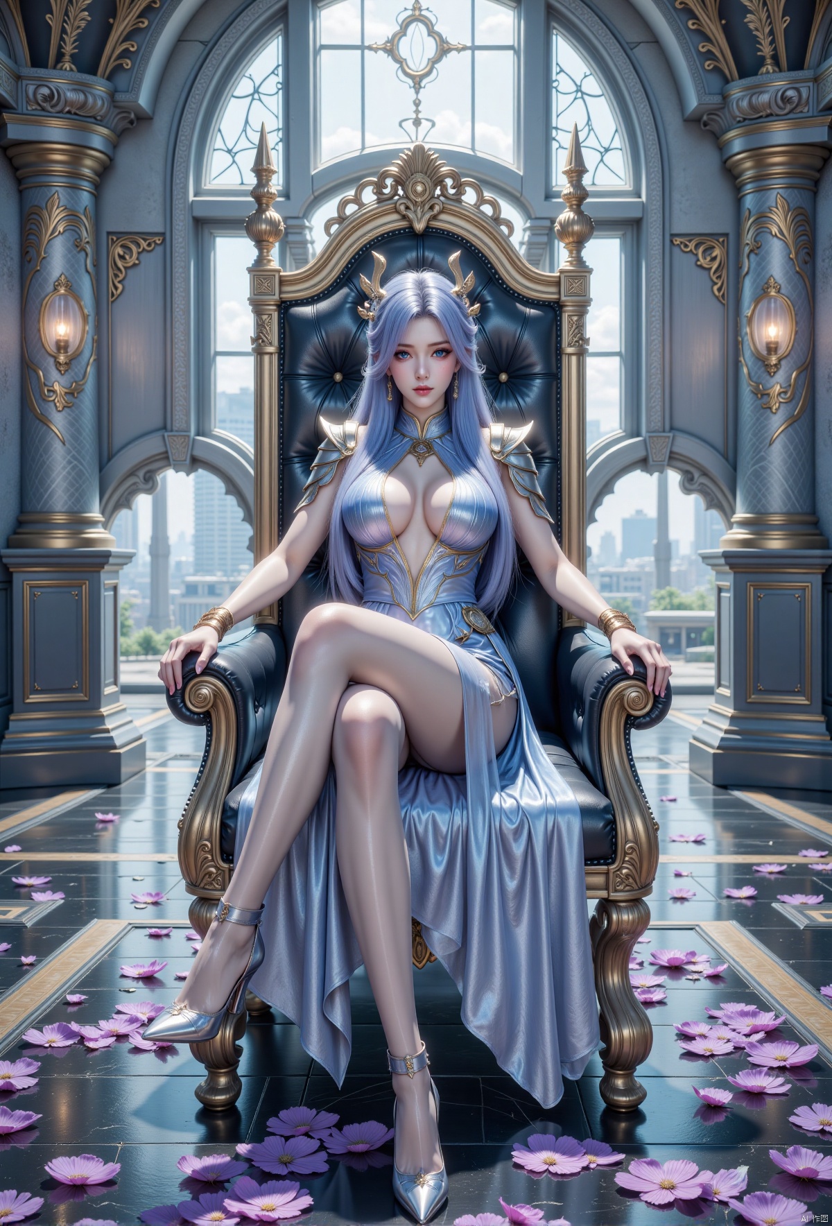 1girl, solo, long hair, breasts, looking at viewer, blue eyes, hair ornament, dress,(up_skirt:1.2), flesh colored pantyhose,glossy pantyhose,sitting, blue hair, full body, boots, armor, high heels, petals, chair, high heel boots, throne,Future Technology Space Station,cyberpunk,plsw