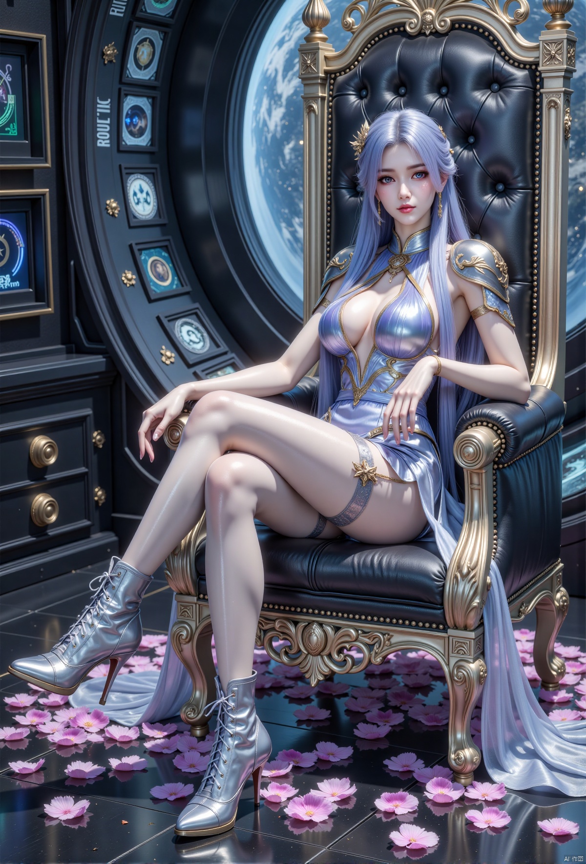 1girl, solo, long hair, breasts, looking at viewer, blue eyes, hair ornament, dress, flesh colored pantyhose,glossy pantyhose,sitting, blue hair, full body, boots, armor, high heels, petals, chair, high heel boots, throne,Future Technology Space Station,cyberpunk,plsw