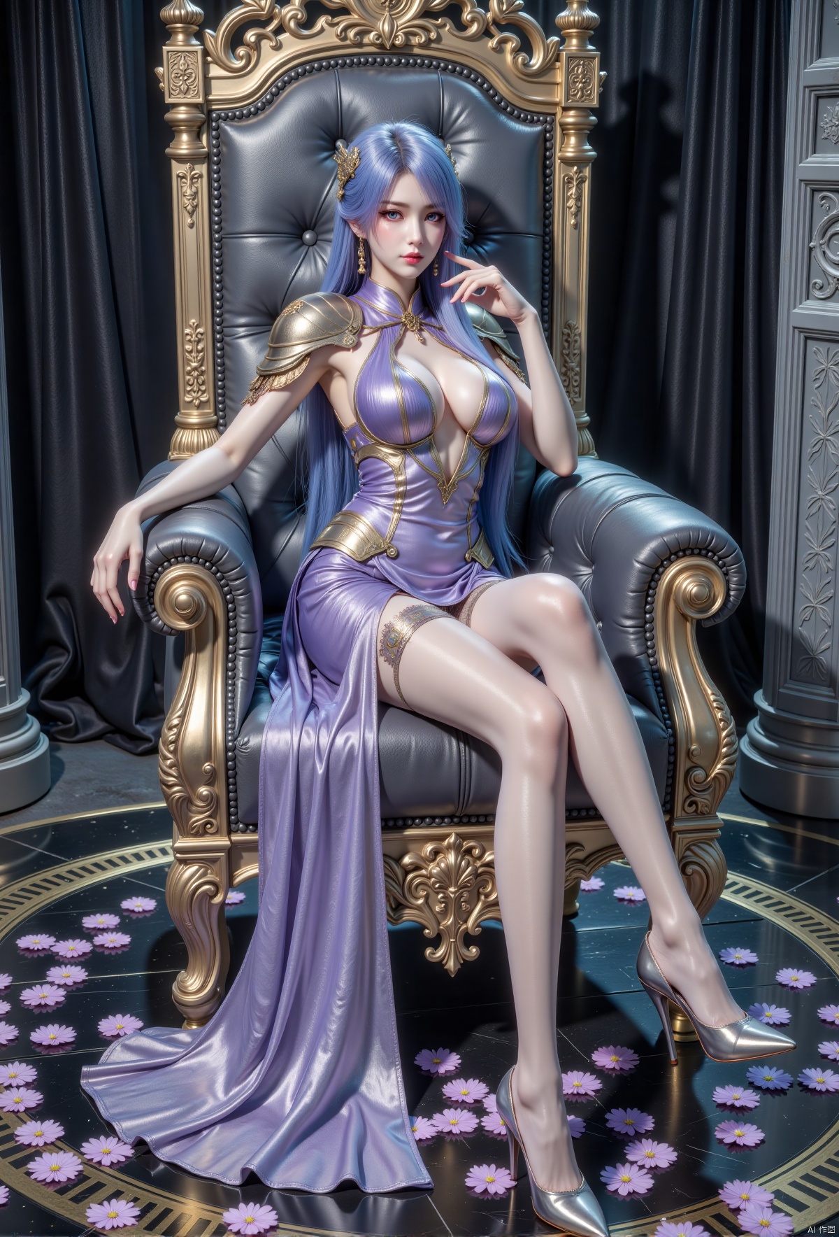 1girl, solo, long hair, breasts, looking at viewer, blue eyes, hair ornament, dress, flesh colored pantyhose,glossy pantyhose,sitting, blue hair, full body, boots, armor, high heels, petals, chair, high heel boots, throne,Future Technology Space Station,cyberpunk,plsw