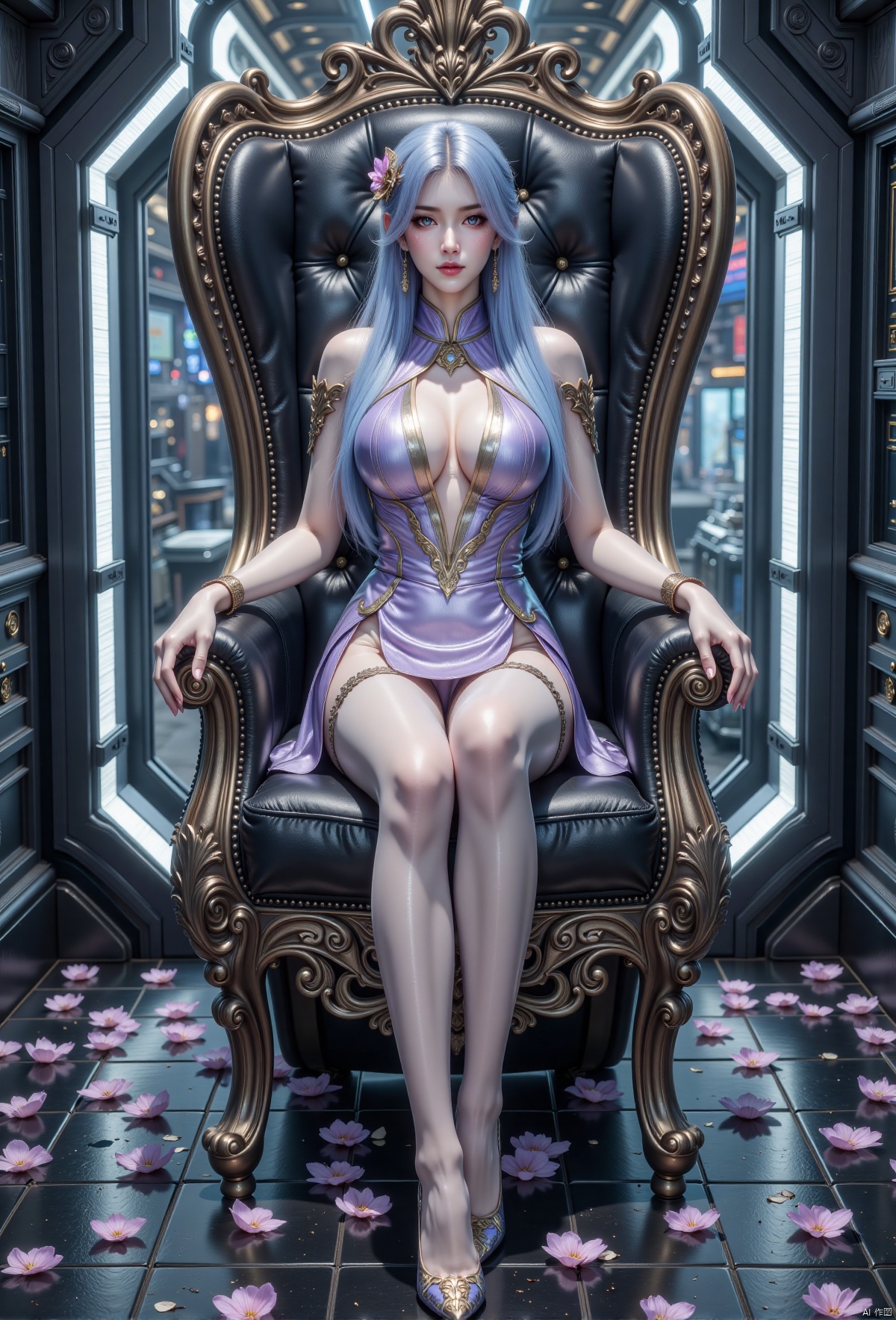 1girl, solo, long hair, breasts, looking at viewer, blue eyes, hair ornament, dress,flesh colored pantyhose,glossy pantyhose,sitting, blue hair, full body, armor,feet, petals, chair, throne,Future Technology Space Station,cyberpunk,plsw
