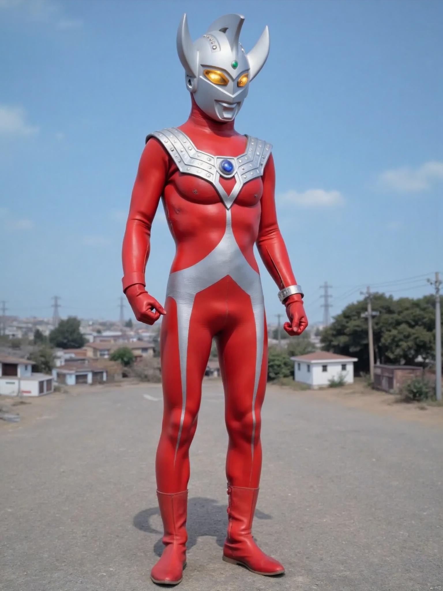 ultraman,red bodysuit,red gloves,legwear,gloves,boots,cover,mask,plugsuit,armor,bodysuit,silver pattern on body,red tight-fitting,red footwear,helmet,leather suit,latex,tokusatsu,no humans,science fiction,silver head,hard mask,no smile,no eyes,no nose,solo,red rubber bodysuit with silver line