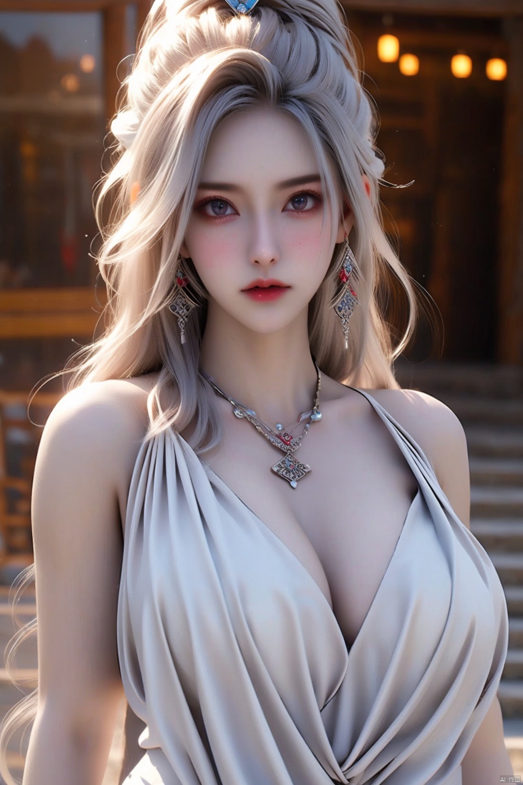 1girl
solo
breasts
dress
cleavage
jewelry
white hair
earrings
pointy ears
necklace
white dress
huge breasts
bracelet
pale skin
curvy