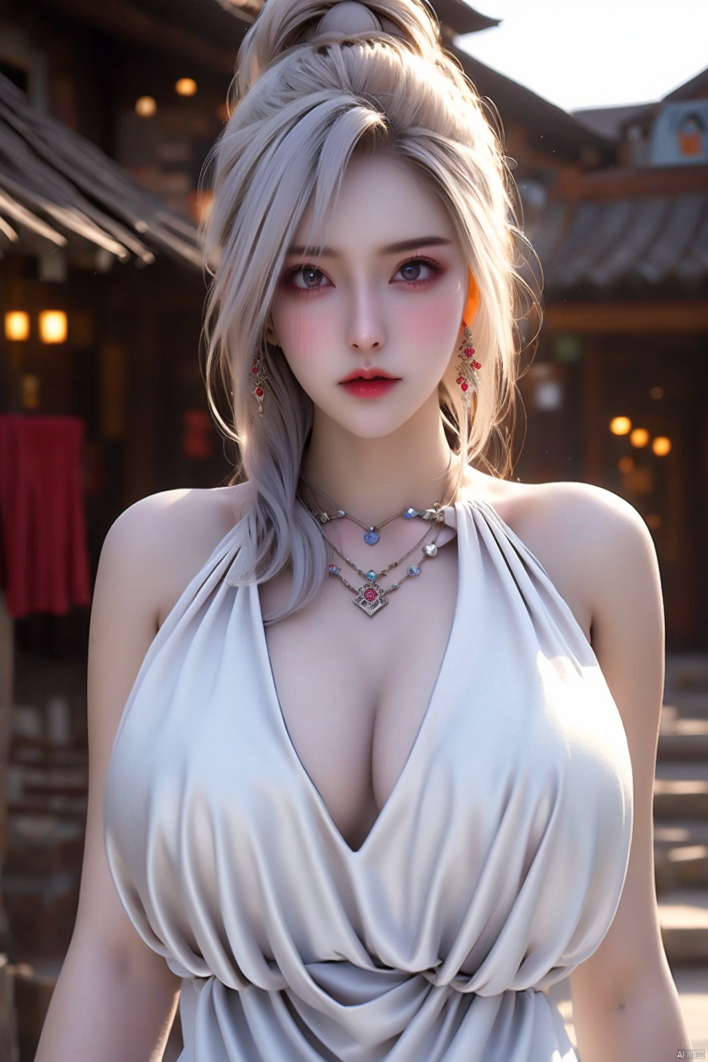 1girl
solo
breasts
dress
cleavage
jewelry
white hair
earrings
pointy ears
necklace
white dress
huge breasts
bracelet
pale skin
curvy