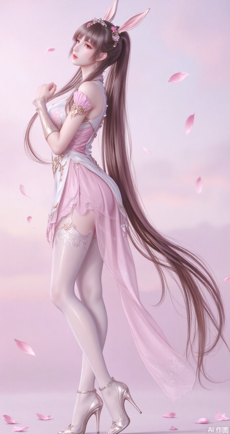 baoshi,lvjing,xiaowu,1girl, solo, long hair, brown hair, hair ornament, dress, animal ears, very long hair, full body, ponytail, flower, pantyhose, rabbit ears, high heels, collar, from side, see-through, petals, pink dress,cover,simple background,gradient background,close-up details,outstanding style,(baoshi),adding a touch of dimension to your images without compromising details,close-up,