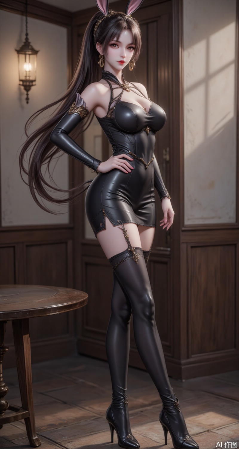 baoshi,lvjing,xiaowu,long hair,brown hair,hair ornament,animal ears,ponytail,rabbit ears,brown eyes,1girl,solo,dress,earrings,jewelry,boots,hand on own hip,thigh boots,full body,black footwear,latex,black dress,detached sleeves,bare shoulders,strapless,short dress,thighhighs,shiny clothes,looking at viewer,strapless dress,standing,hoop earrings,breasts,indoor,red lips,nail polish,high heels,leather,pencil dress,high heel boots,close-up details,outstanding style,adding a touch of dimension to your images without compromising details,close-up,