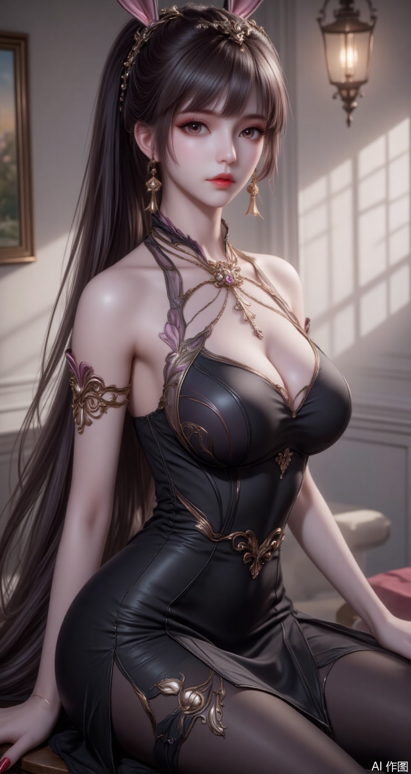 baoshi,lvjing,xiaowu,long hair,brown hair,hair ornament,animal ears,ponytail,rabbit ears,brown eyes,1girl,breasts,solo,dress,pantyhose,indoors,sitting,jewelry,looking at viewer,earrings,strapless,black dress,cleavage,bare shoulders,red nails,strapless dress,bangs,chandelier,window,covered navel,black pantyhose,nail polish,stool,bare arms,medium breasts,red lips,alternate costume,feet out of frame,large breasts,parted lips,side slit, simple background,gradient_background,Close-up details,outstanding style,adding a touch of dimension to your images without compromising details,absurdres,colorful,