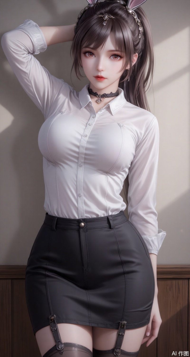 baoshi,lvjing,xiaowu,long hair,brown hair,hair ornament,animal ears,ponytail,rabbit ears,brown eyes, 1girl,solo,shirt,pencil skirt,skirt,white shirt,black skirt,looking at viewer,collared shirt,collar,thighhighs,long sleeves,arms up,arms behind head,choker,breasts,high-waist skirt,red lips,office lady,lips,standing,cowboy shot,indoors,buttons,black thighhighs,dress shirt,realistic,black choker,cover,simple background,gradient background,close-up details,outstanding style,adding a touch of dimension to your images without compromising details,close-up,