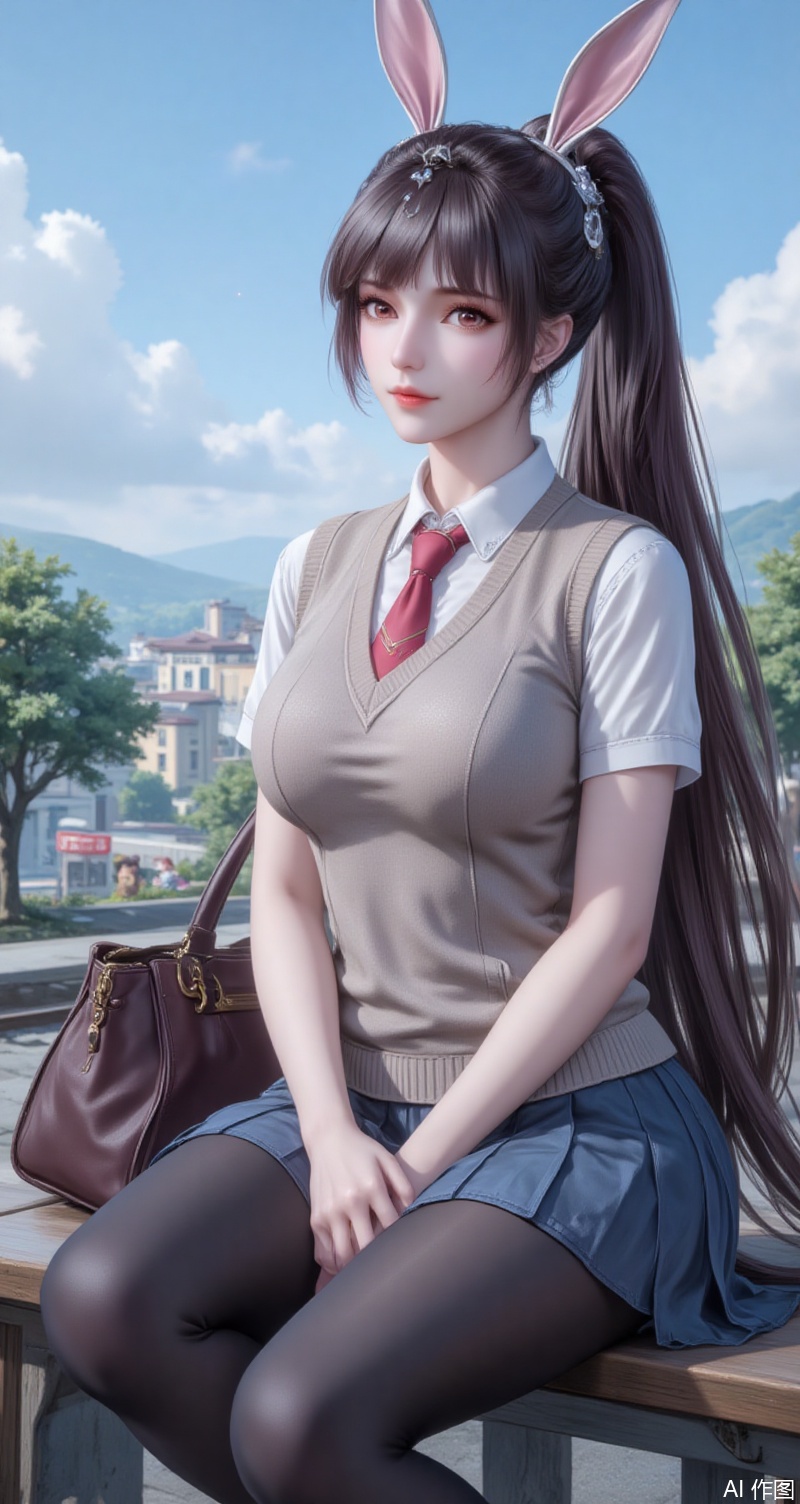 baoshi,lvjing,xiaowu,long hair,brown hair,hair ornament,animal ears,ponytail,rabbit ears,brown eyes, 1girl,solo,pantyhose,train station,necktie,skirt,sitting,hair ornament,hairclip,school uniform,bench,red necktie,pleated skirt,shirt,day,white shirt,black pantyhose,looking at viewer,tree,blue skirt,short sleeves,outdoors,bag,sweater vest,closed mouth,upper_body,cloud,blush,sky,smile,blue sky,9,cover,simple background,gradient background,close-up details,outstanding style,adding a touch of dimension to your images without compromising details,close-up,