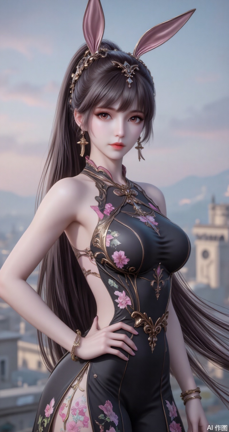 baoshi,lvjing,xiaowu,long hair,brown hair,hair ornament,animal ears,ponytail,rabbit ears,brown eyes,1girl,dress,jewelry,earrings,china dress,chinese clothes,blurry background,blurry,breasts,solo,looking at viewer,hand on own hip,floral print,sleeveless,black dress,sleeveless dress,bracelet,parted lips,bare shoulders,side slit,cowboy shot,holding, cover,simple background,gradient background,close-up details,outstanding style,(baoshi),adding a touch of dimension to your images without compromising details,close-up,