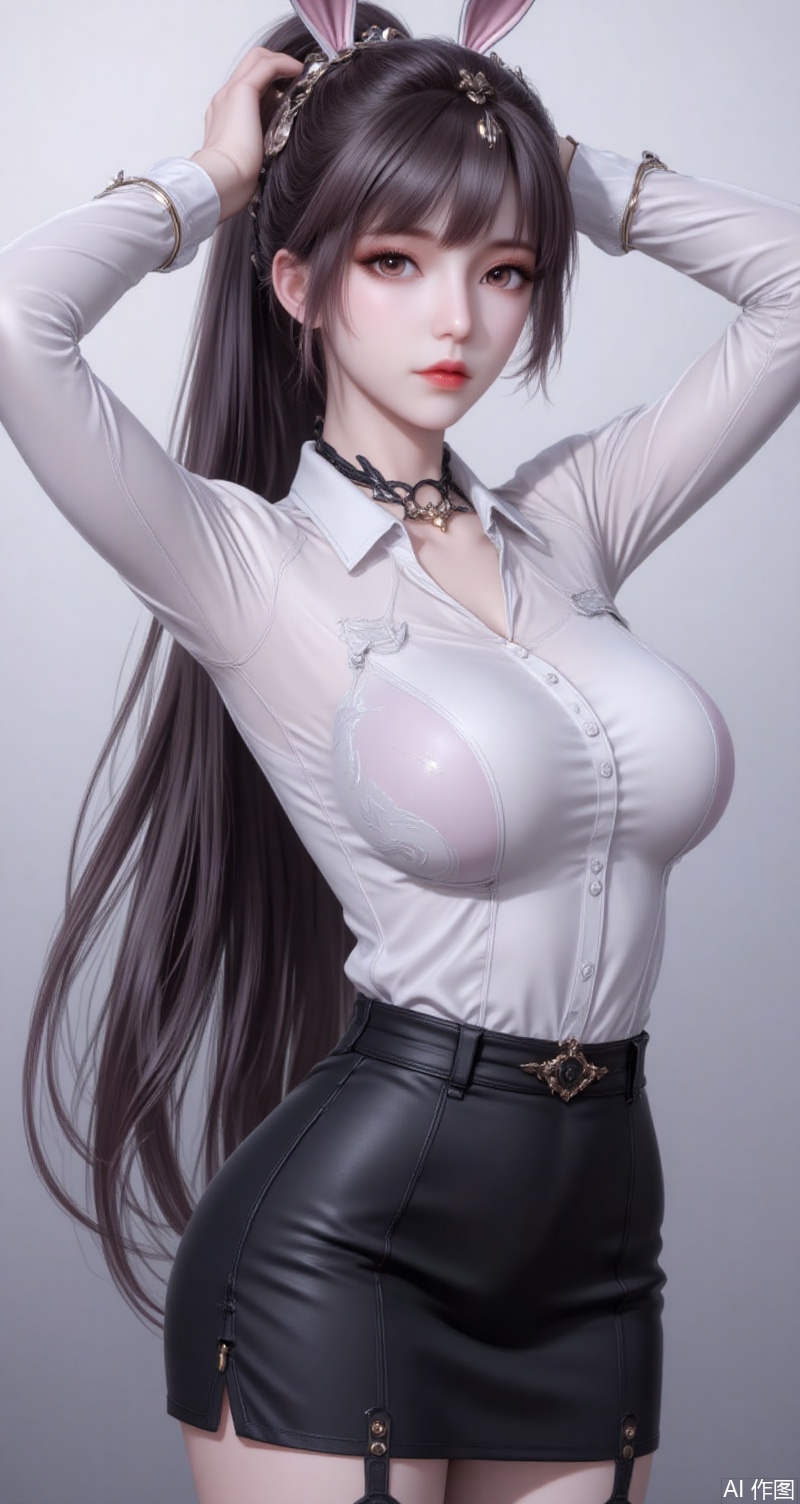 baoshi,lvjing,xiaowu,long hair,brown hair,hair ornament,animal ears,ponytail,rabbit ears,brown eyes, 1girl,solo,shirt,pencil skirt,skirt,white shirt,black skirt,looking at viewer,collared shirt,collar,thighhighs,long sleeves,arms up,arms behind head,choker,breasts,high-waist skirt,red lips,office lady,lips,standing,cowboy shot,indoors,buttons,black thighhighs,dress shirt,realistic,black choker,cover,simple background,gradient background,close-up details,outstanding style,adding a touch of dimension to your images without compromising details,close-up,