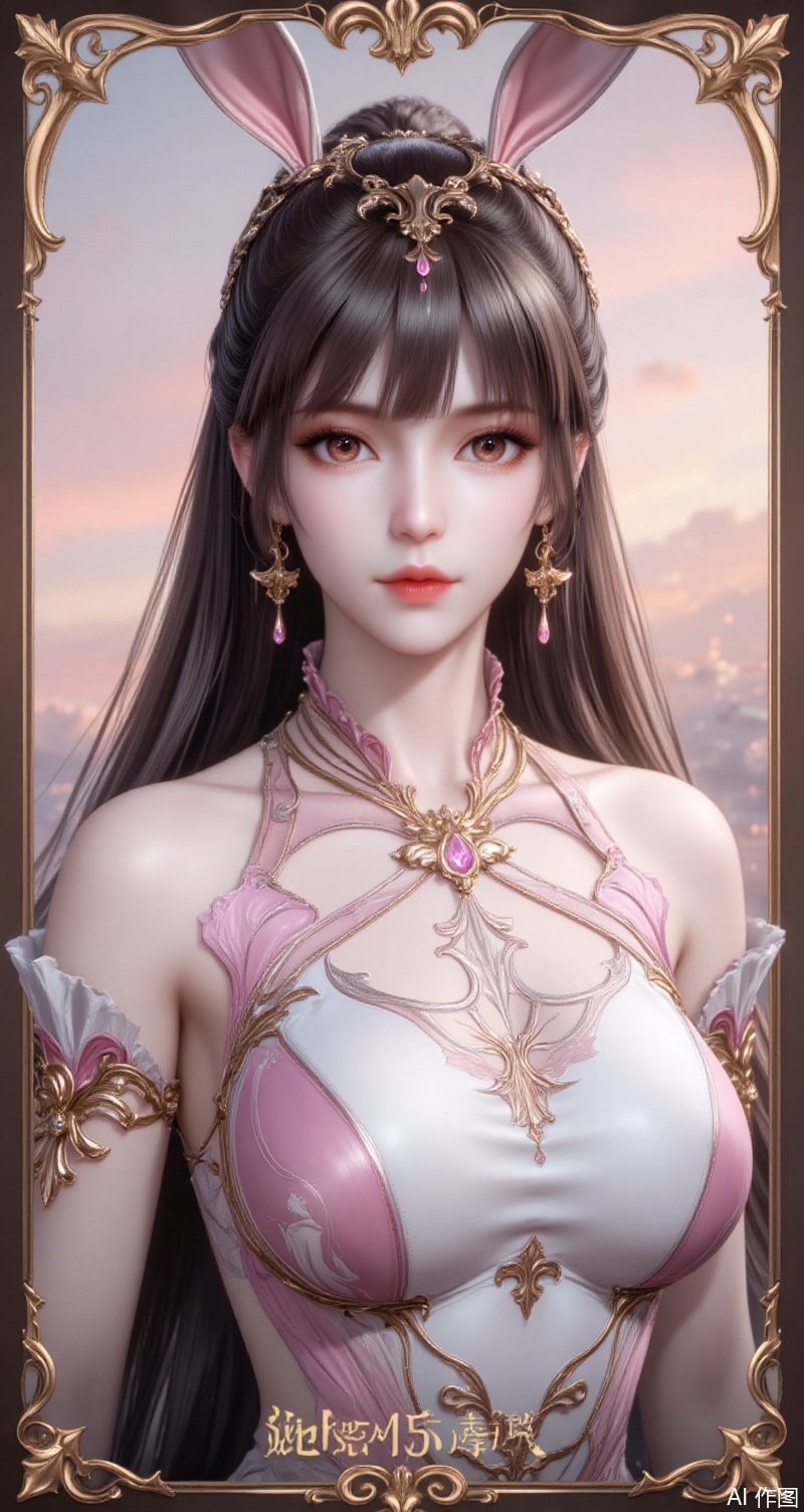 baoshi,lvjing,xiaowu,long hair,brown hair,hair ornament,animal ears,ponytail,rabbit ears,brown eyes, 1girl,solo,earrings,jewelry,looking at viewer,breasts,tarot,collarbone,upper body,dress,closed mouth,card \(medium\),tarot \(medium\),frills,border,15,cover,simple background,gradient background,close-up details,outstanding style,(baoshi),adding a touch of dimension to your images without compromising details,close-up,
