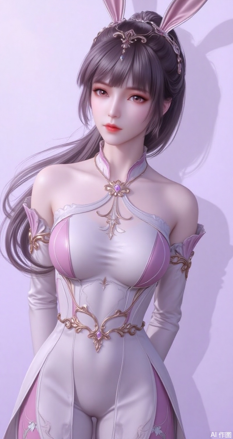 baoshi,lvjing,xiaowu,long hair,brown hair,hair ornament,animal ears,ponytail,rabbit ears,brown eyes, 1girl,solo,breasts,dress,looking at viewer,bare shoulders,off shoulder,makeup,large breasts,shadow,cowboy shot,sash,red lips,light purple background,lips,long sleeves,off-shoulder dress,lipstick,bodysuit,pants,arms behind back,standing,cover,simple background,gradient background,close-up details,outstanding style,adding a touch of dimension to your images without compromising details,close-up,