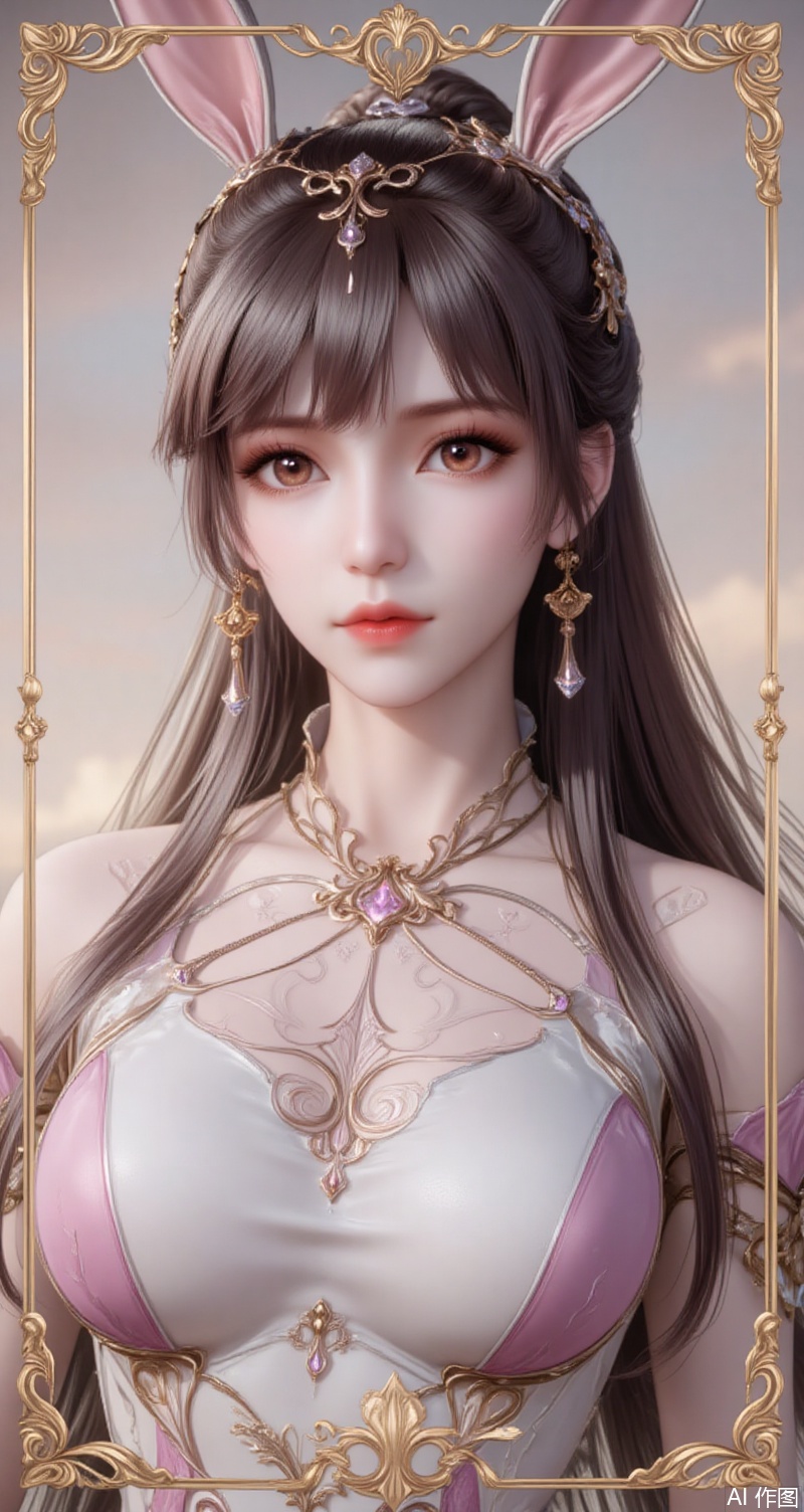 baoshi,lvjing,xiaowu,long hair,brown hair,hair ornament,animal ears,ponytail,rabbit ears,brown eyes,1girl,solo,earrings,jewelry,looking at viewer,breasts,tarot,collarbone,upper body,dress,closed mouth,card \(medium\),tarot \(medium\),frills,border,15,cover,simple background,gradient background,close-up details,outstanding style,(baoshi),adding a touch of dimension to your images without compromising details,close-up,